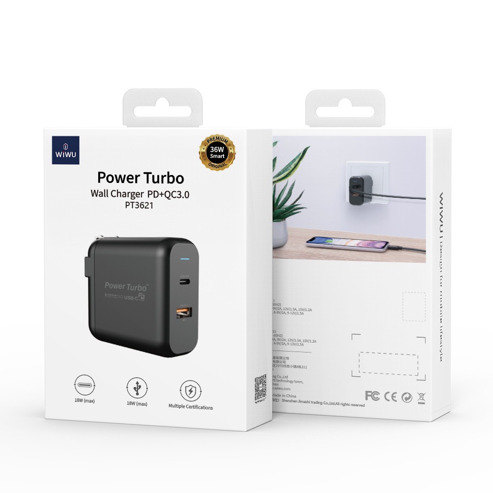 WIWU POWER TURBO PT3621 - Dual USB Wall Charger PD and QC3.0 - 36W MAX - Charger 2 Port PD dan QC3.0