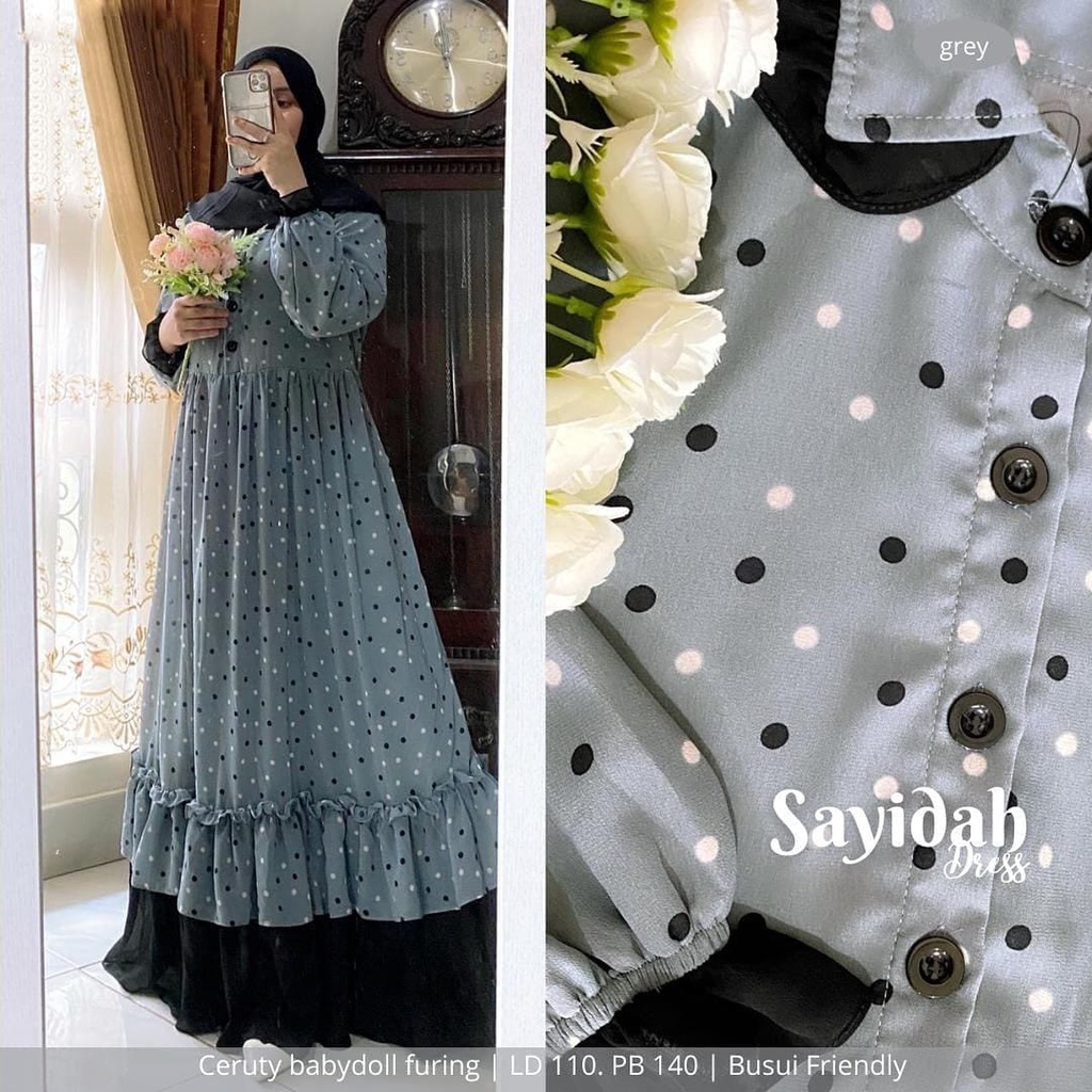 Gamis Polkadot Terbaru Dress Muslim Ceruty Babydoll Full Furring Ld 110 Cm Fashion Muslim Sayidah