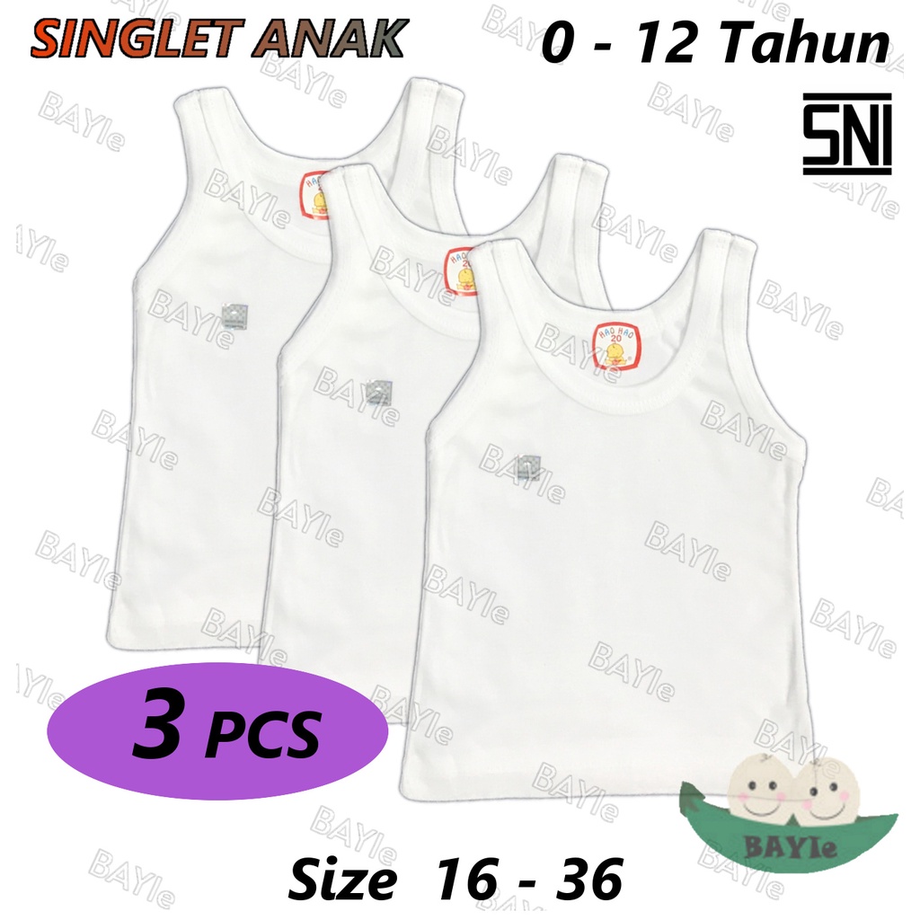 BAYIe - 3 PCS Kaos Dalam / Singlet Anak/Bayi PUTIH/WARNA HAO-HAO 100% katun SNI UMUR 0-12 TAHUN