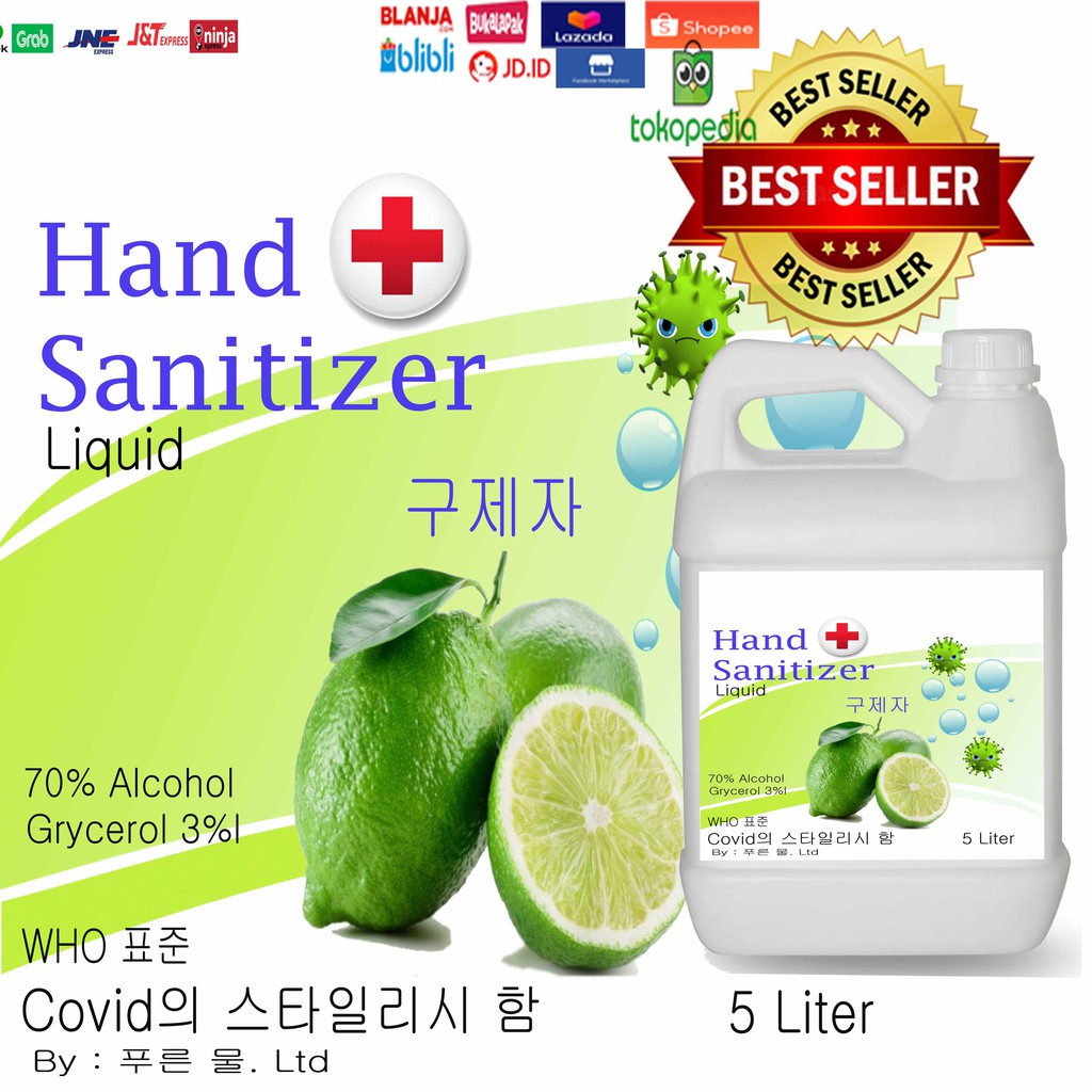 Hand sanitizer 5 liter 100ml , 500ml , 1 Liter varian Cair atau Spray varian berat tidak Lengket ditangan isi ulang Alkohol 70%-75% (KEMENKES) tersedia varian wangi juga yang bisa dipilih semua anti bakterial