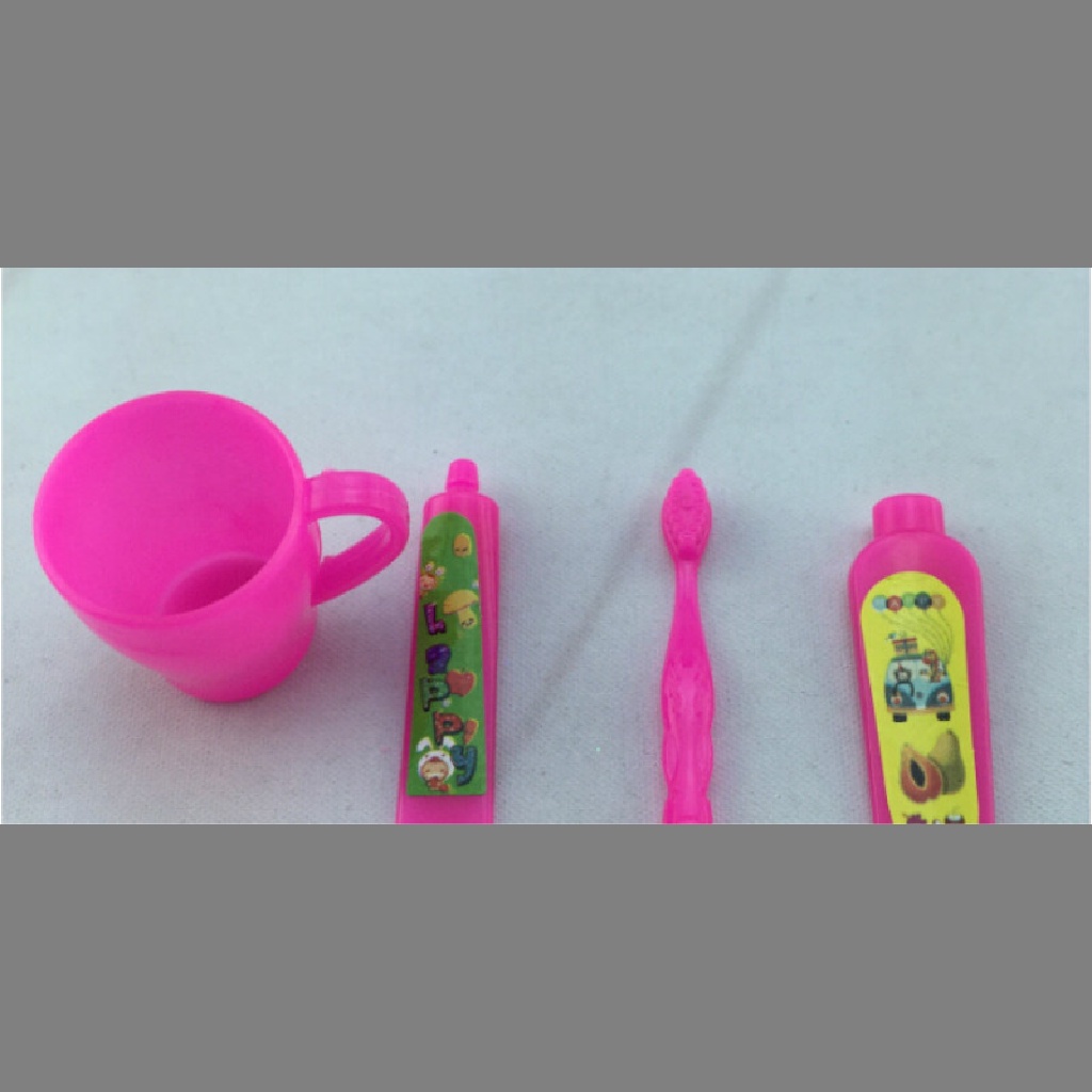 Deid 4pcs / Set Mainan Sikat Gigi + Pasta Gigi + Mawar Fuchsia Untuk Aksesoris Kamar Mandi Boneka Barbie