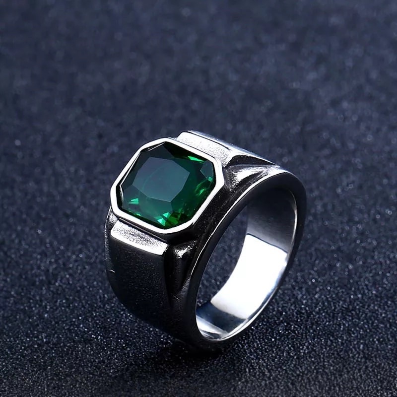 Cincin Pria Zamrud Hijau Green Emerald Zircon Ring Titanium Anti Karat Tahan Luntur Keren