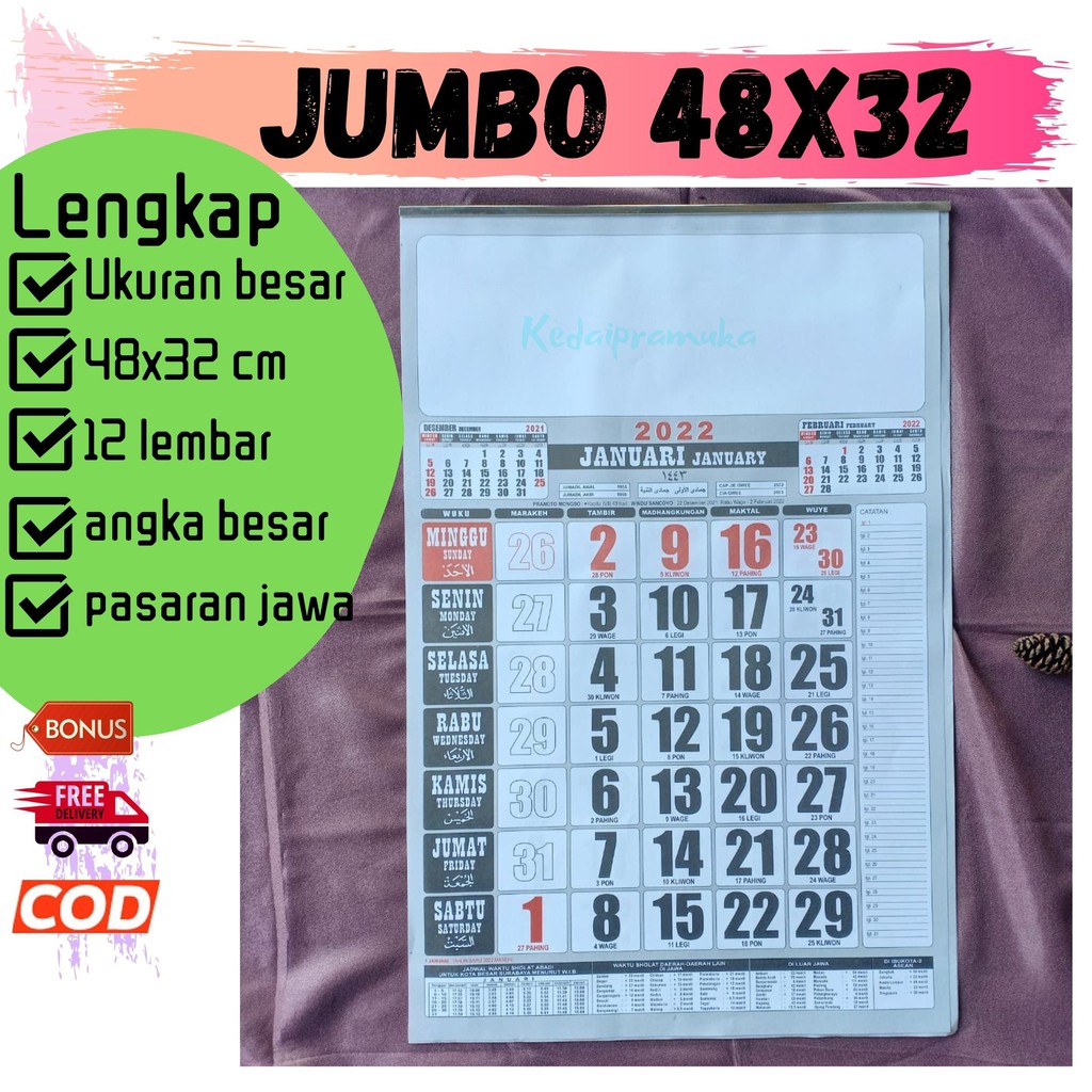 Kalender Dinding 2023 Jumbo / 12 Lembar / angka besar / lengkap dengan pasaran jawa / 48x33 cm