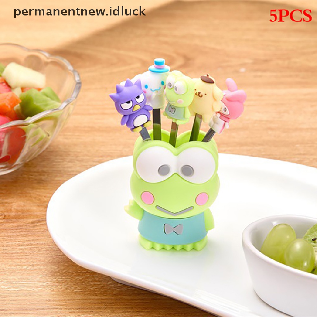 Set 5 Pcs Garpu Buah Bahan Stainless Steel Motif Kartun Dengan Holder