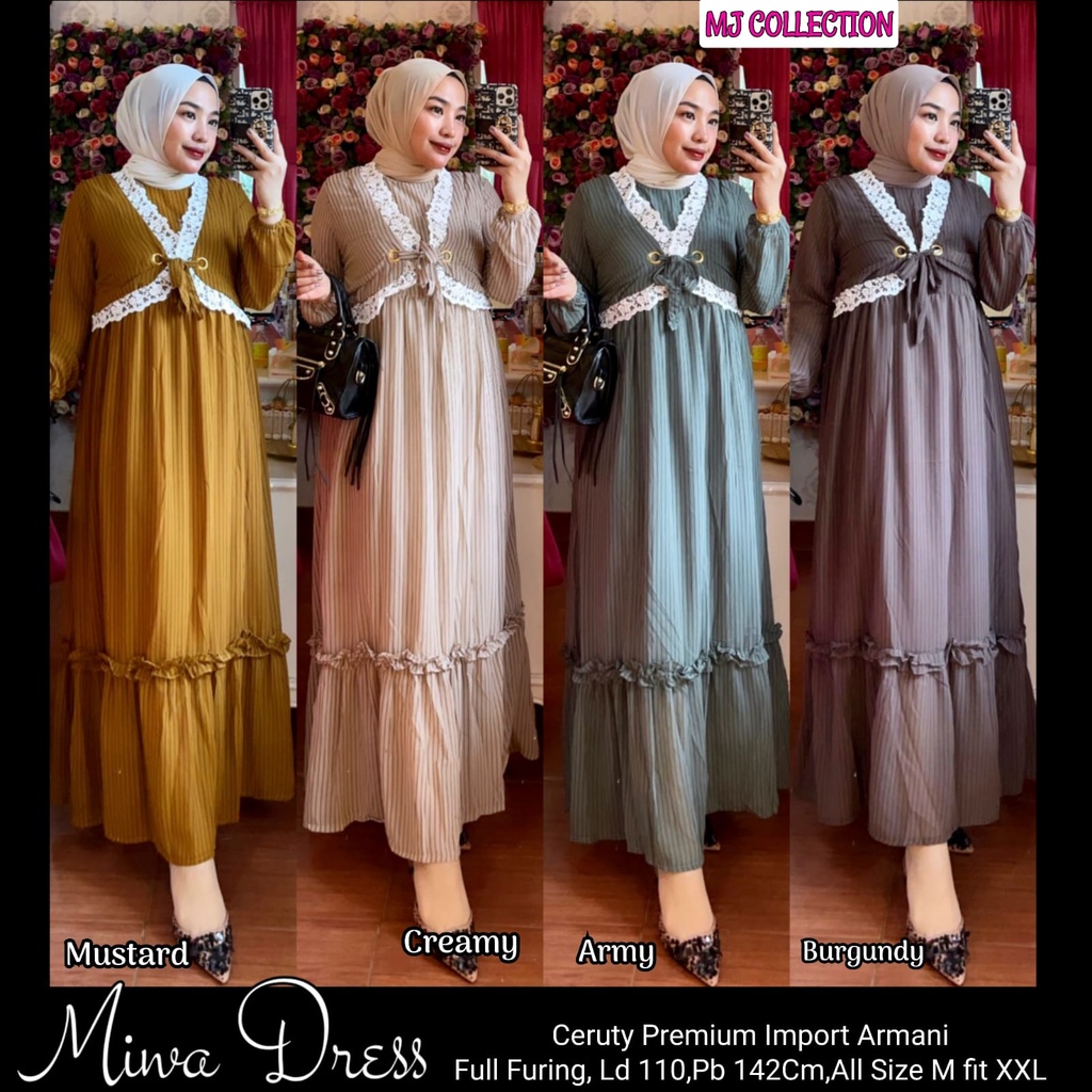 GAMIS/DRESS ALLSIZE DENGAN FULL FURING ~ BAHAN CERUTY PREMIUM IMPORT ARMANI ~ MINA DRESS ORIGINAL MJ