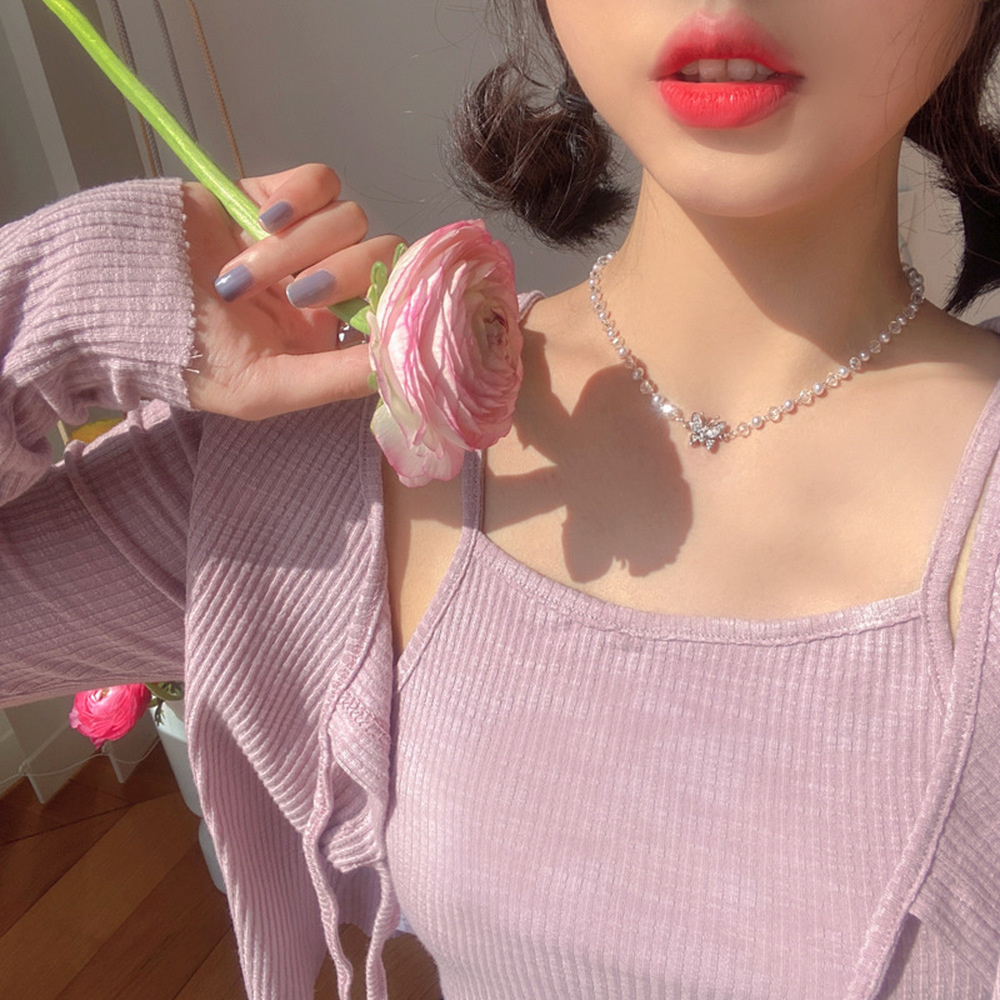 Korean Fairy Butterfly Necklaces Crystal Pearl Clavicle Chain Girl Heart Clavicle Chain Necklace Sexy Girl Jewelry