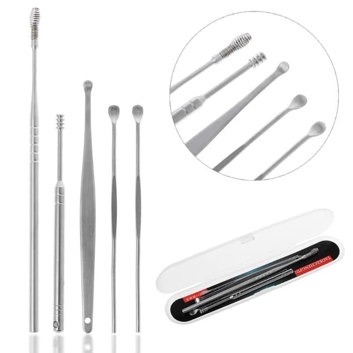 Pembersih Telinga Kuping Stainless Steel Ear Wax Set Plus Kuas 6 In 1