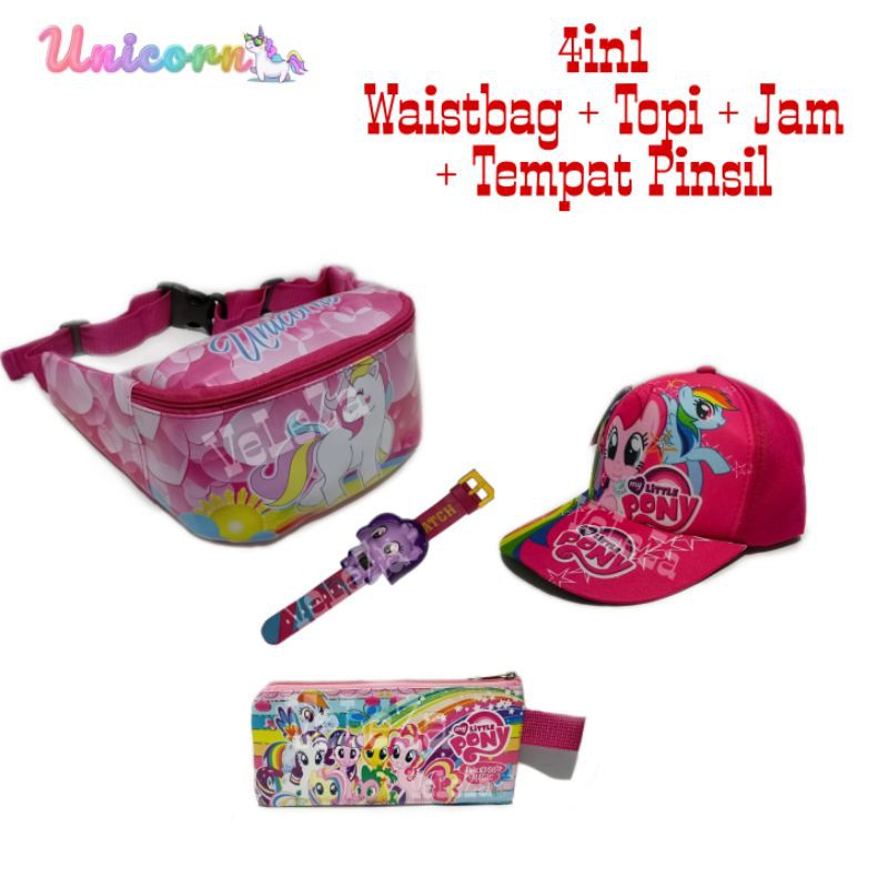 Waistbag Anak Unicorn 4in1- Waistbag + Topi + Jam + Tempat Pinsil - Tas Anak