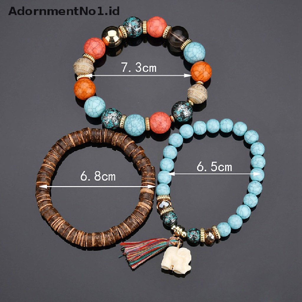 (AdornmentNo1) 3pcs / Set Gelang Tangan Multilayer Gaya Bohemia Motif Gajah + Rumbai + Manik-Manik Untuk Wanita (ID)