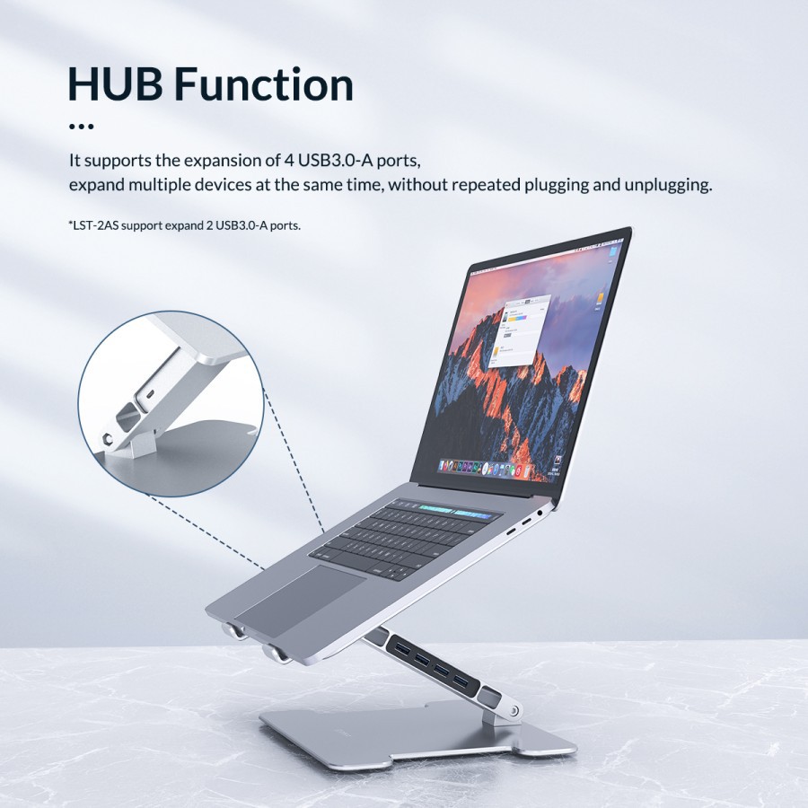 Laptop macbook stand holder orico aluminum adjustable foldable portable with usb A 3.0 hub 4 port lst 4a