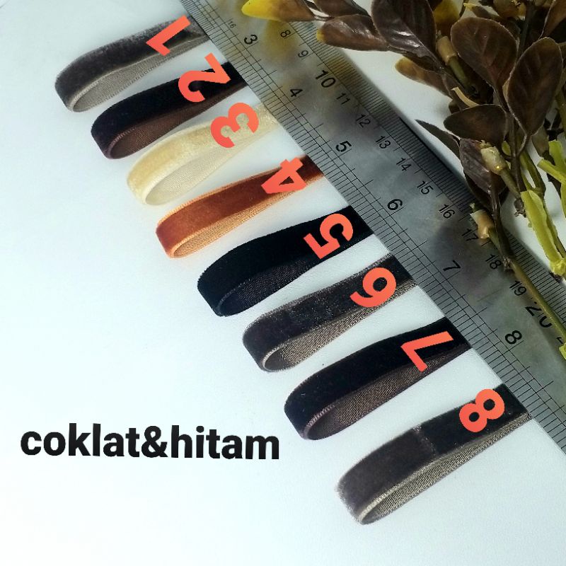 

per meter,pita bludru warna coklat dan hitam lebar 1 cm
