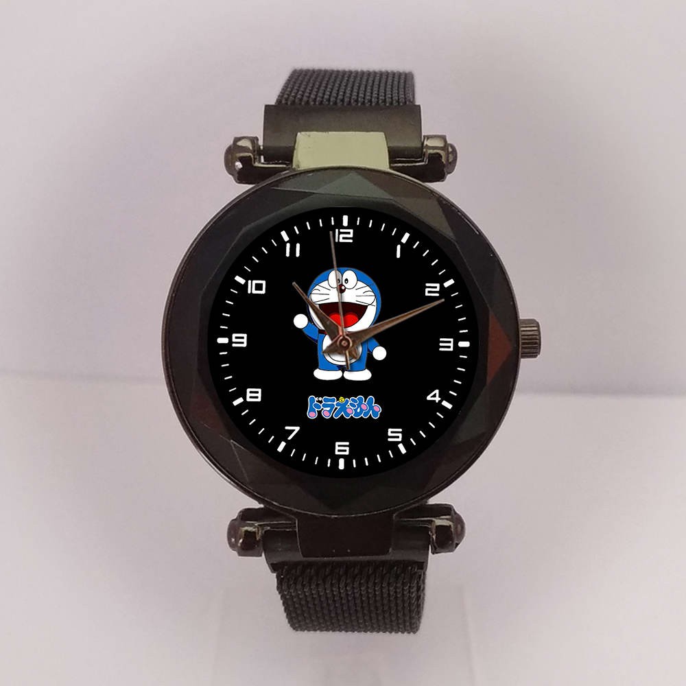 Jam Tangan Wanita Custom DORAEMON Tali Magnet Hitam Terbaru