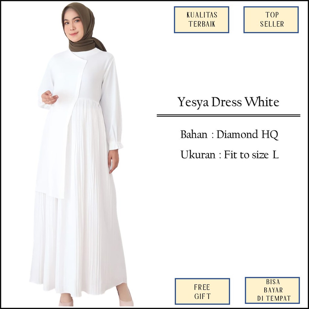 Baju Gamis Muslim Haji Syari Broken White Putih Tulang Model Plisket Lebaran Bahan Diamond Size XS X