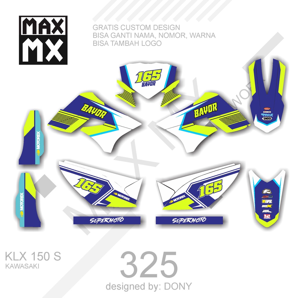 DECAL STIKER MOTOR KLX 150 S MOTIF TRAIL RACING BIRU TUA KOMBINASI HIJAU TOSCA