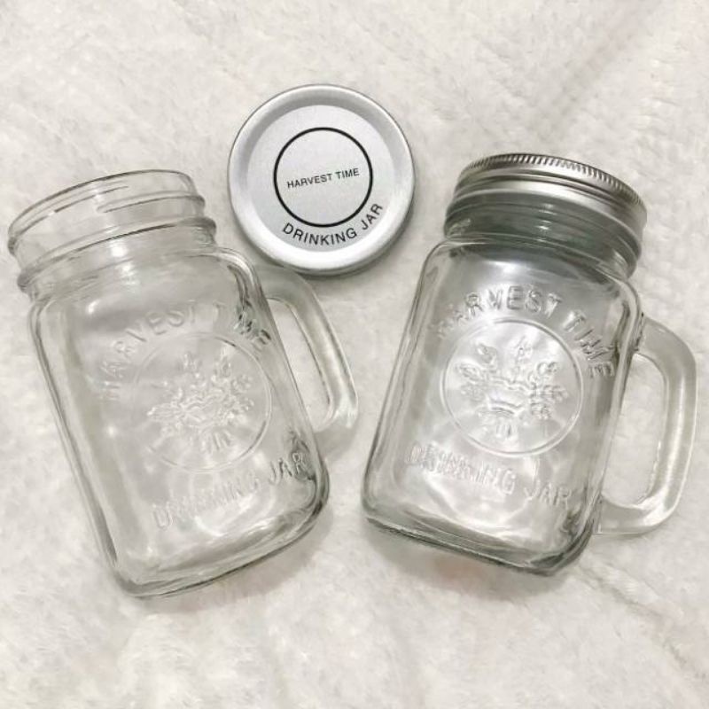 Gelas Jar Toples Tutup Aluminium / Jar Tutup Plastik / Drink Jar + Alumunium Cover 495 ml