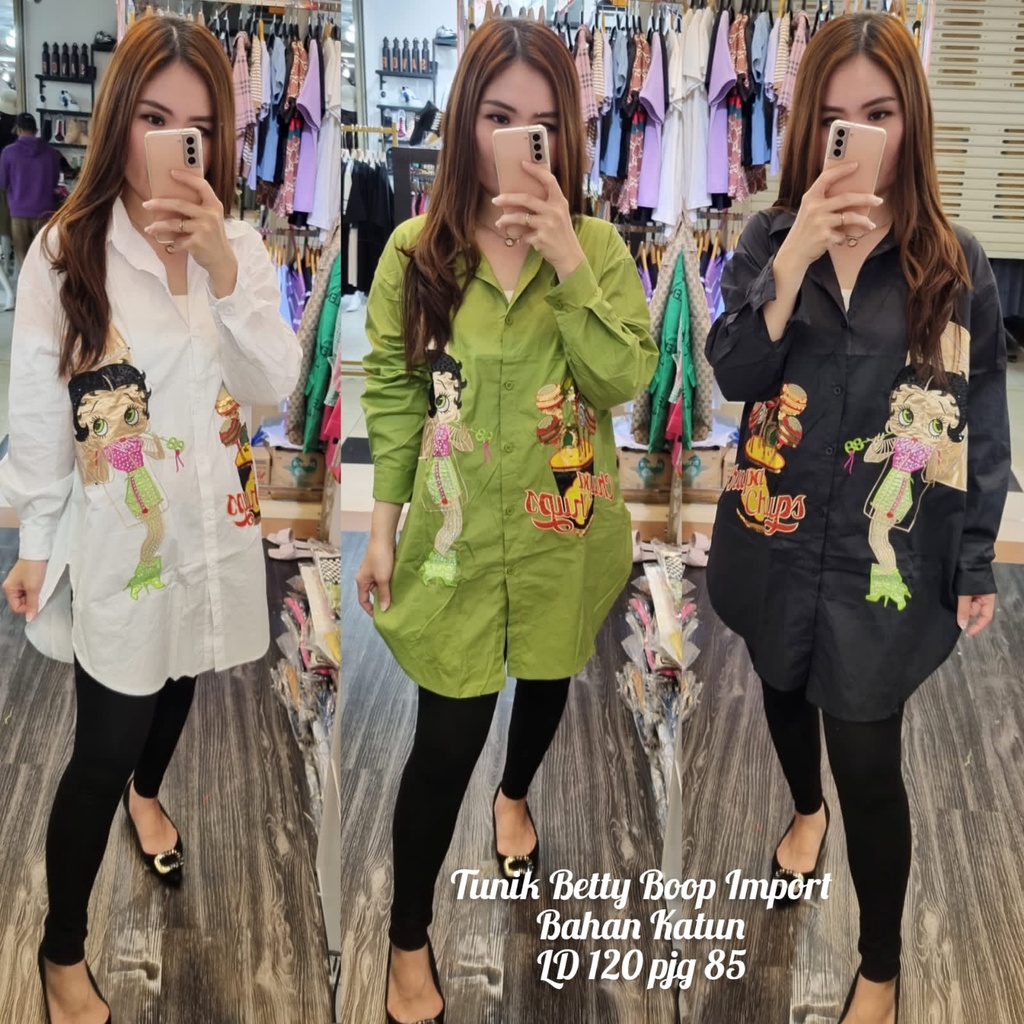 Dress Jumbo Katun Premium / Dress Tunik Kemeja Panjang / Dress Betty Boop Import
