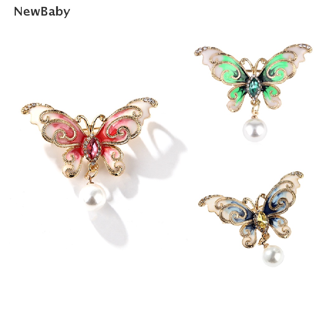 Bros Pin Enamel Bentuk Kupu-Kupu Aksen Mutiara Berlian Imitasi Untuk Wanita