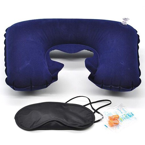 Bantal Leher Inflatable dengan Masker Mata Plus Earplug Navy Blue