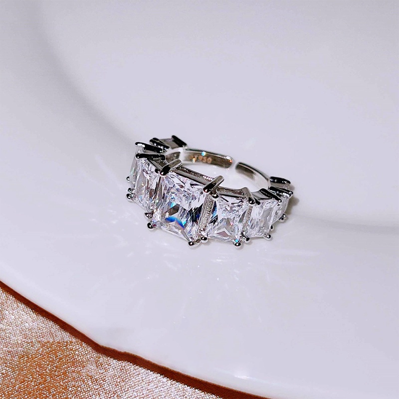Fancyqube Cincin Berlian Imitasi Bentuk Kotak Warna Silver Model Terbuka Dapat Disesuaikan Untuk Wanita
