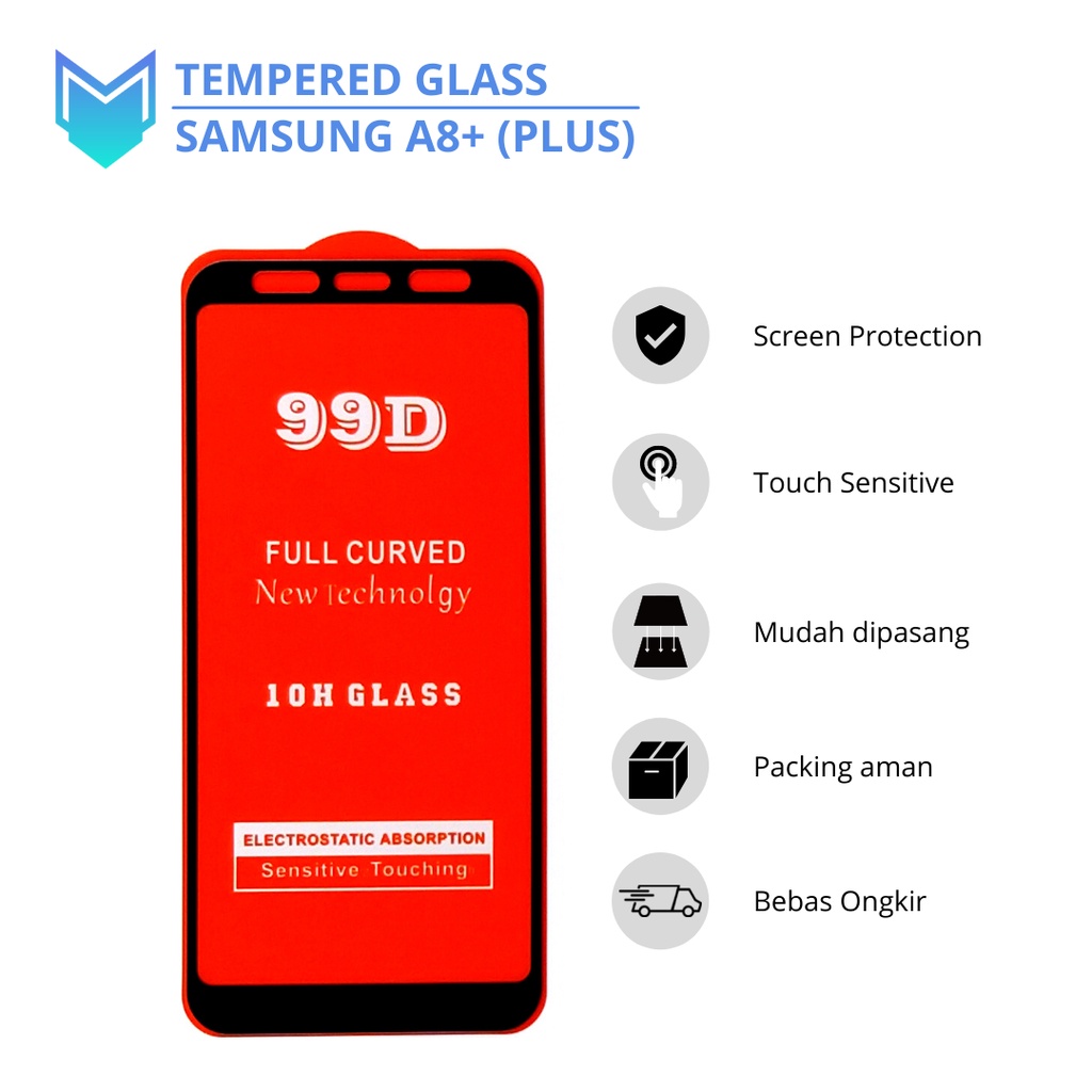 Tempered Glass Samsung A8+ (Plus) Full Cover Frame Hitam | Anti Gores