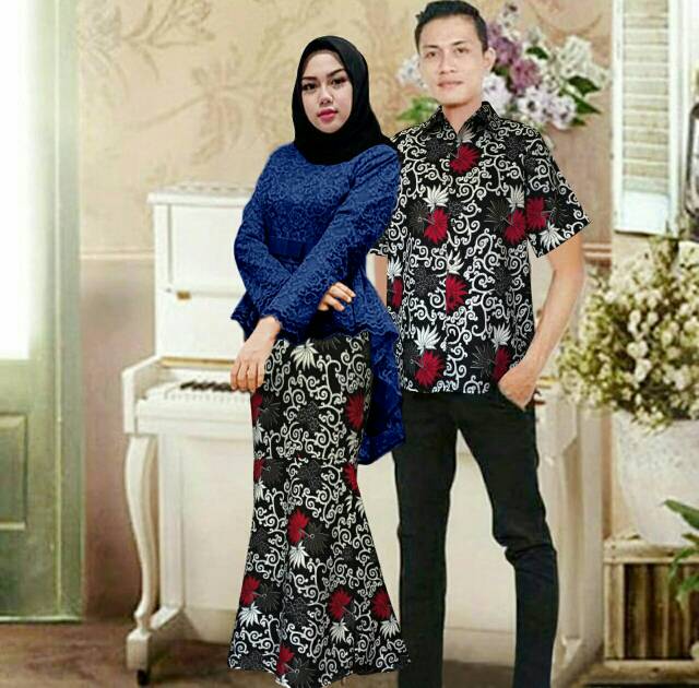 aop gamis kebaya couple cp AFSANAH MARIAM batik / baju pria kemeja + wanita brukat  set