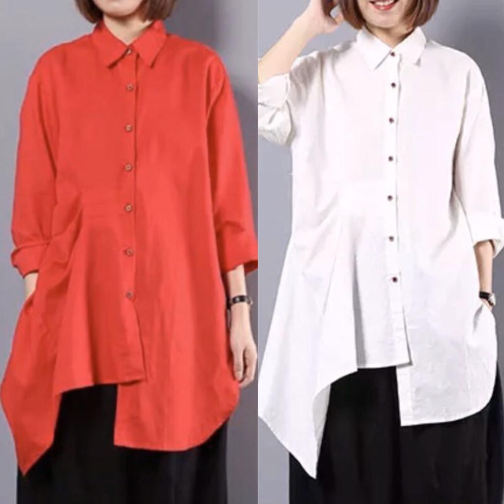 BLUS KEMEJA TUNIK LINEN WANITA MERAH PUTIH ASIMETRIS LENGAN PANJANG KOREA IMPORT