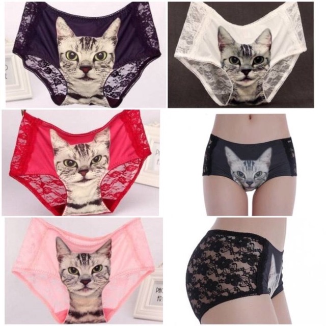 Celana dalam panties panty cd motif kucing kitten pussy 3d dengan sexy lace