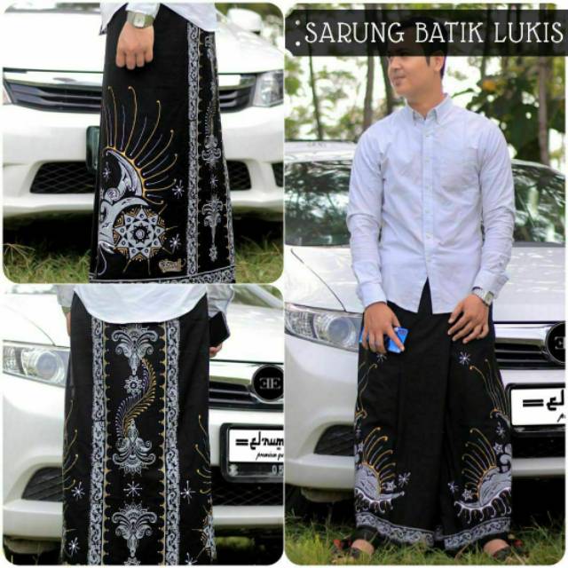 Sarung batik lukis warna hitam bercorak