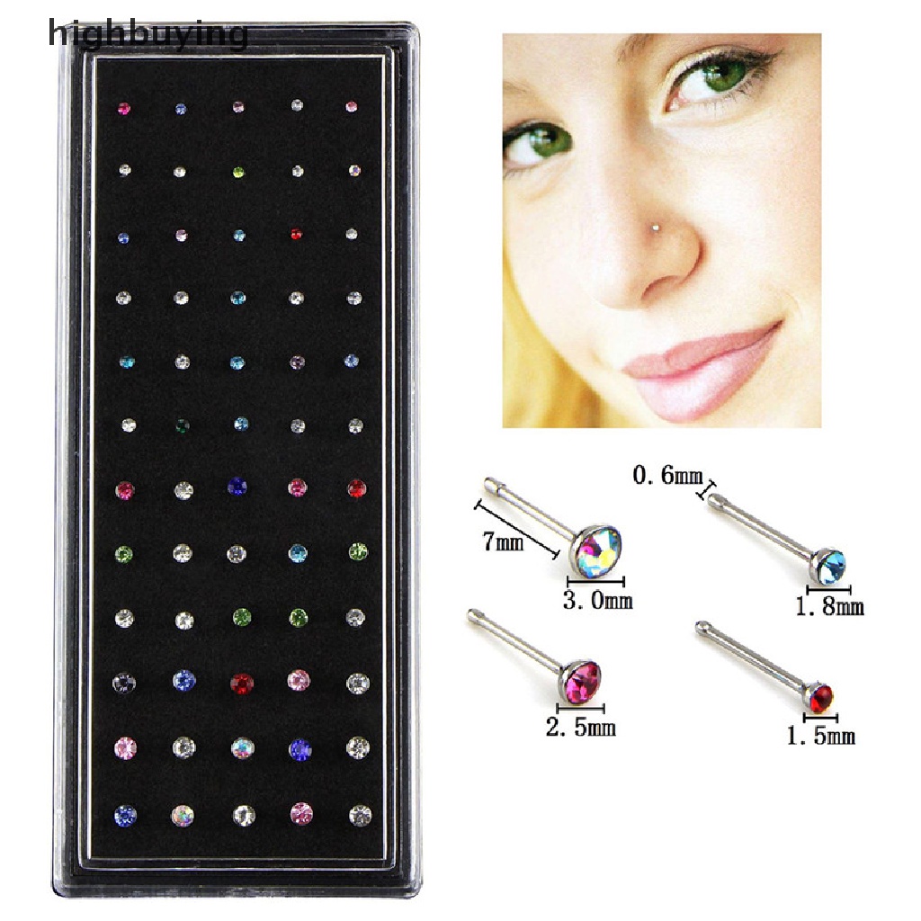 Hbid 60pcs Anting Tindik Hidung Bahan Stainless Steel Hias Kristal Berlian Imitasi Untuk Wanita