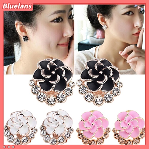 Bluelans Women Peony Camellia Flower Rhinestones Alloy Ear Stud Earrings Party Jewelry