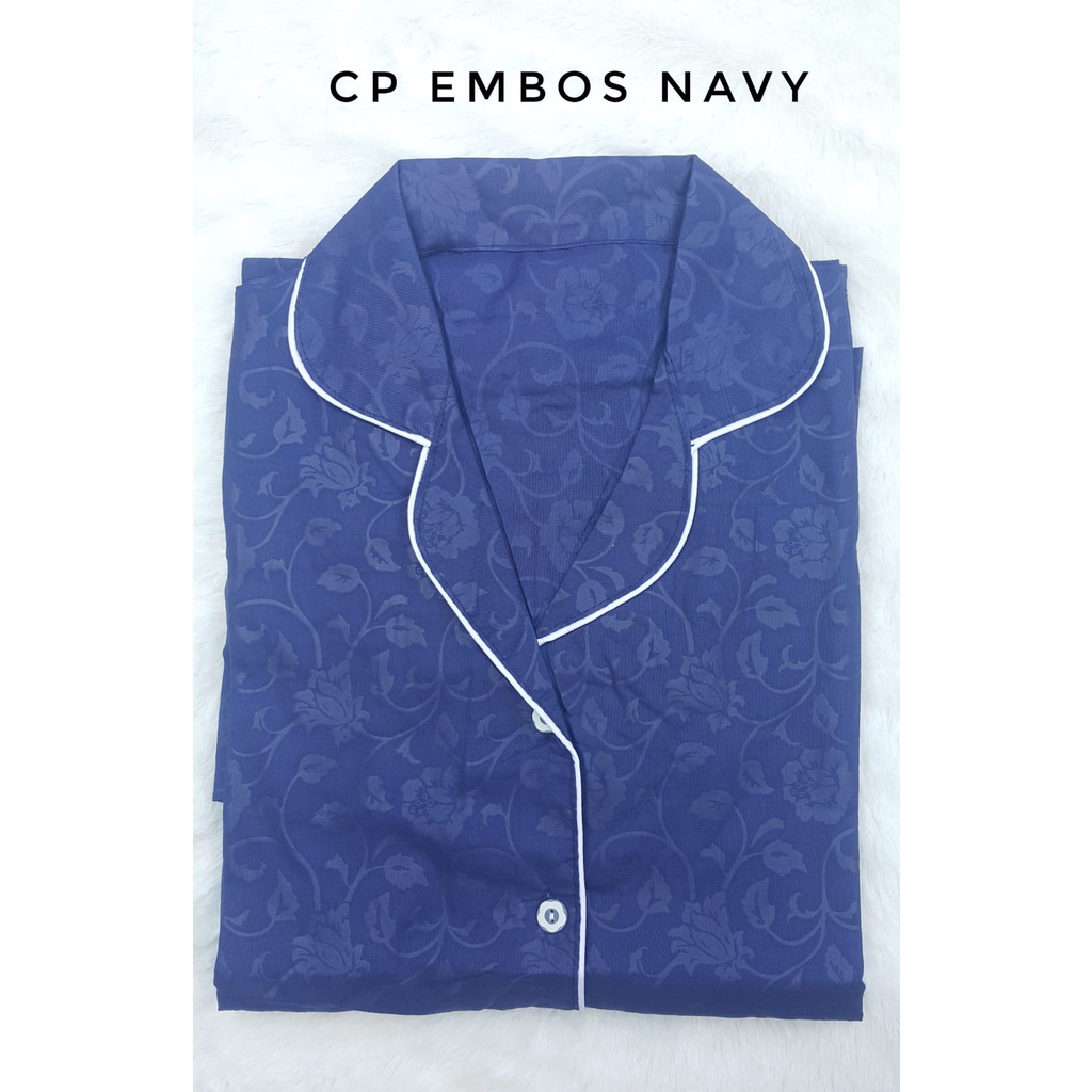 JNV Piyama CP Wanita Motif Satin Embos - Baju Tidur Saten Lengan Pendek - Bahan Satin Embos-Navy