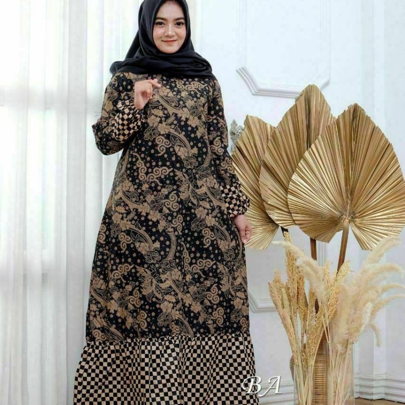 BAJU GAMIS BATIK WANITA - BAJU BATIK GAMIS ALLSIZE JUMBO model terbaru mix embos modern syari 027