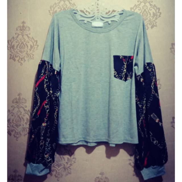 Atasan Import Kaos Abu, Kombinasi lengan balon satin Bigsize /Jumbo