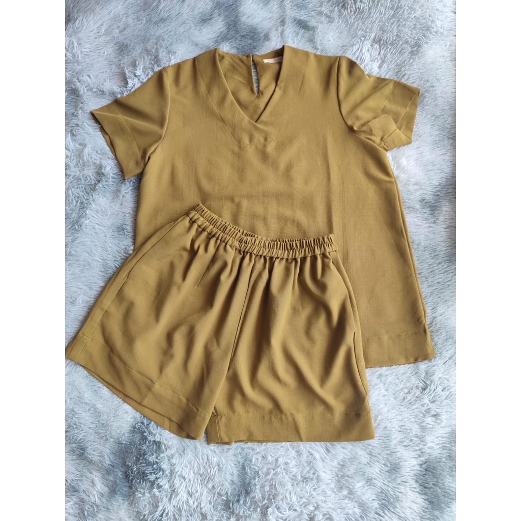 Baju Set Celana Pendek Wanita Rosecrepe Premium Olive Polos