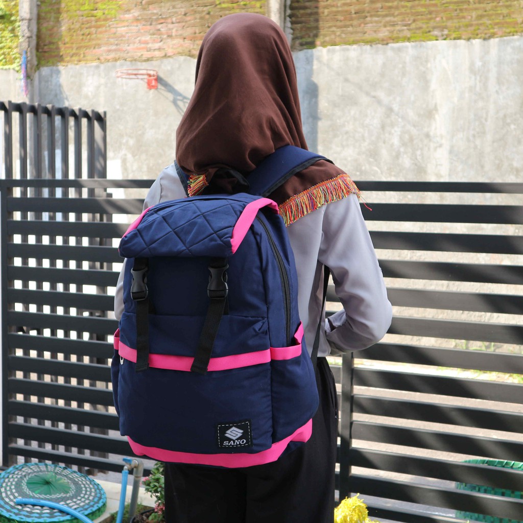 Jual Tas Ransel Distro Cewek Warna Navy List Pink Girl Kekinian Lucu Imut aq