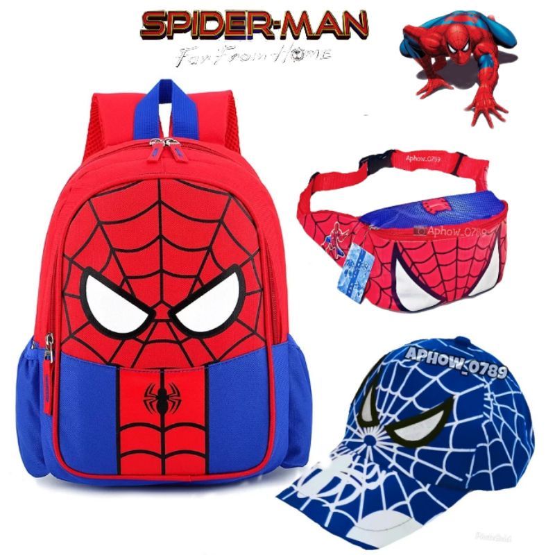 Paket 3in1 tas ransel anak sekolah karakter Spiderman / free waistbag dan topi