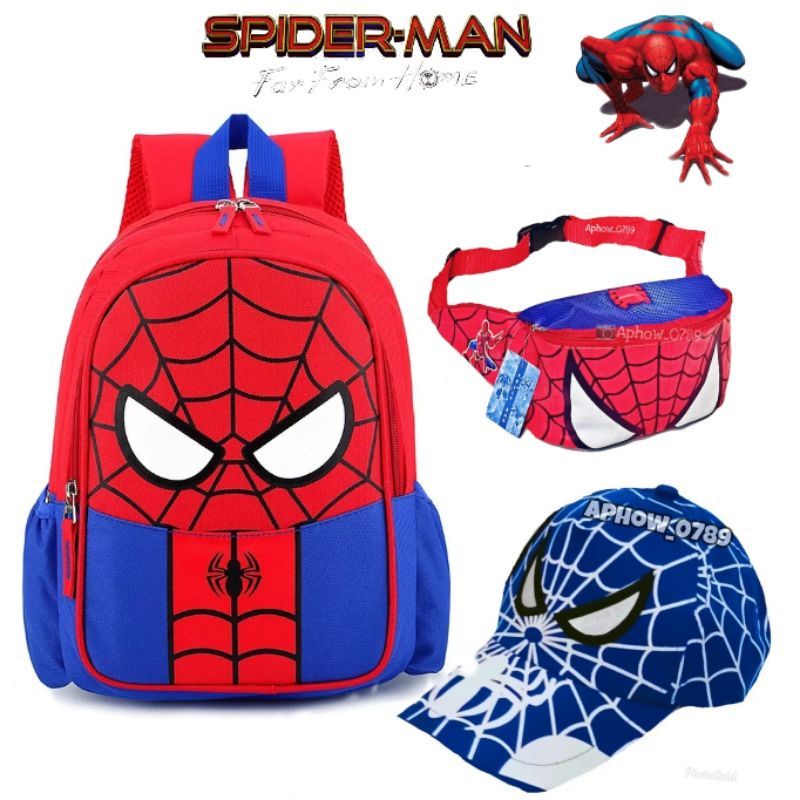 Paket 3in1 tas ransel anak sekolah karakter Spiderman / free waistbag dan topi