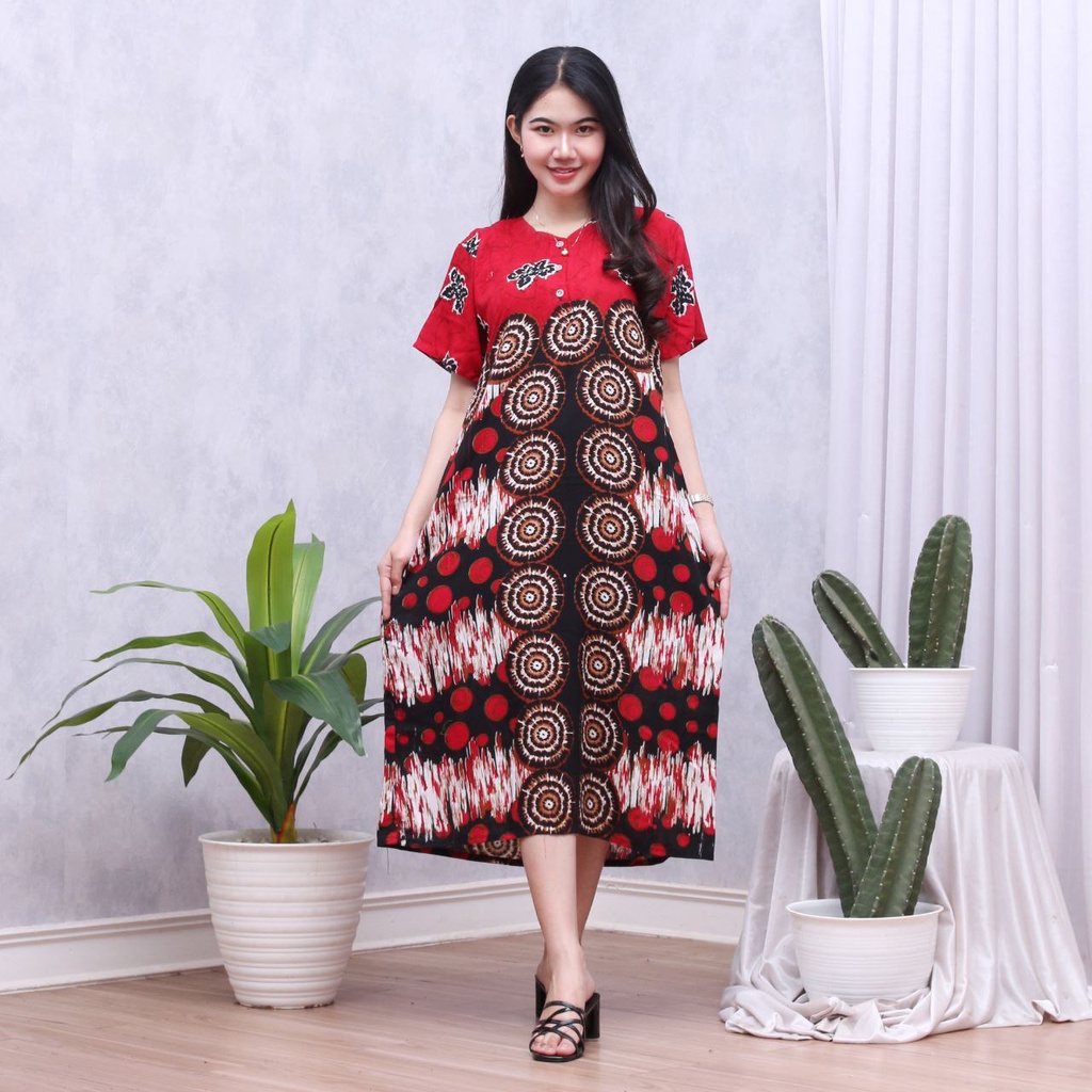 Batik Prass - Daster Floral Lengan Pendek Kancing Depan Busui Friendly || LD 108 - PB 110-KARINA MERAH