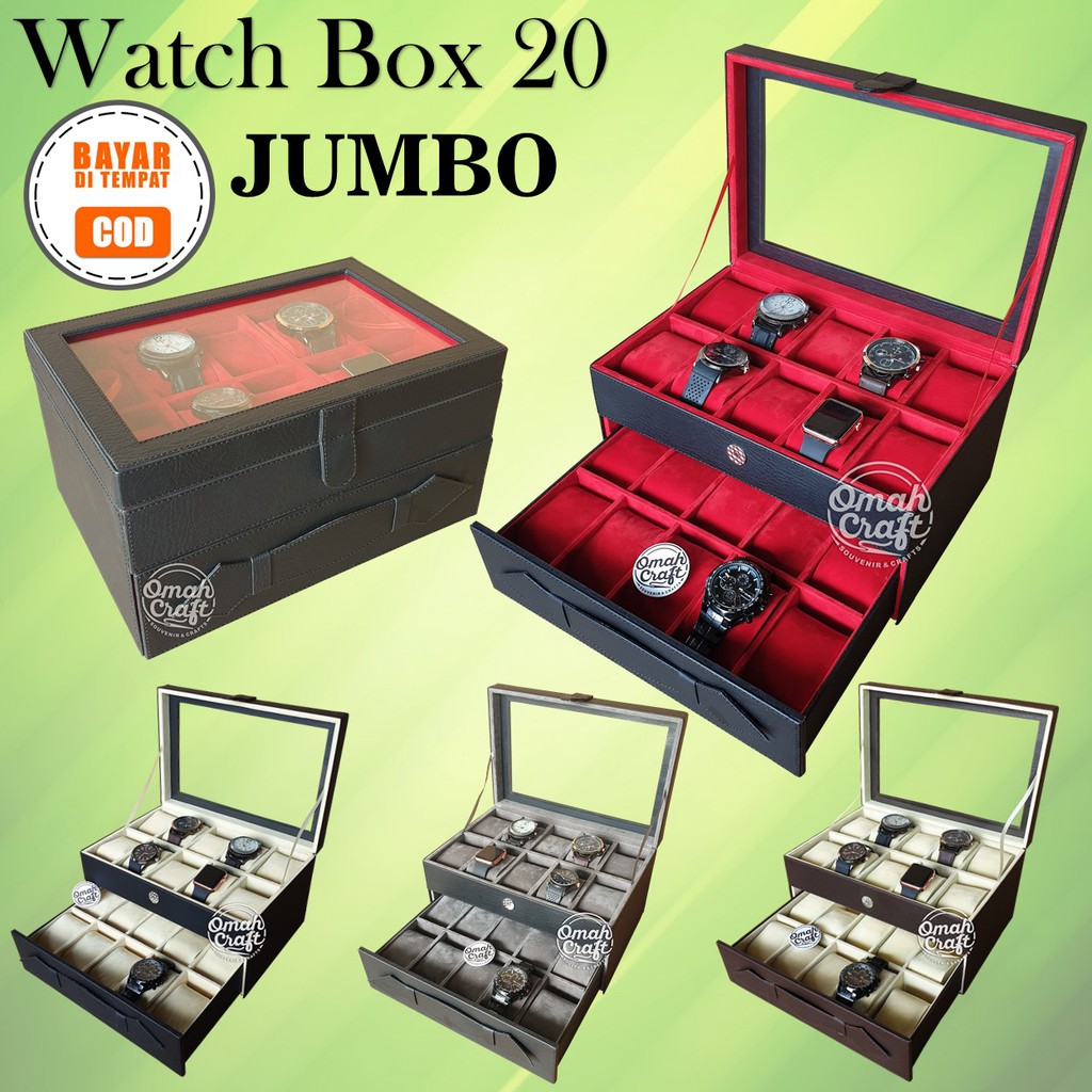 Box Jam Tangan SPORT isi 20 JUMBO / Kotak Tempat Jam Tangan / Watch Box Organizer Warna HITAM CREM