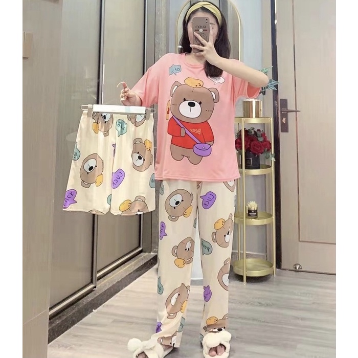 JC- Stelan Oversize 3in1 Import / Piyama 3in1 / Piyama Korea wanita terbaru Murah-3in1 Big Taddy Peach