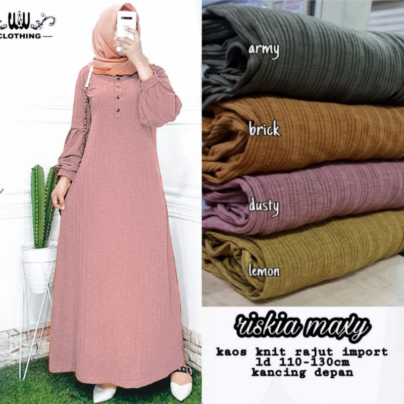GAMIS MUSLIMAH BAHAN KAOS KNIT RAJUT IMPOR , ADEM , LEBUT , NYAMAN / RISKIA DRESS MAXY
