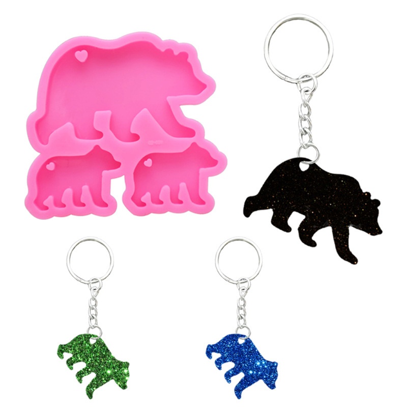 SIY  Walking Polar Bear Baby Mom Set Keychain Silicone Mold with Hole Bear Family Pendant DIY Epoxy Resin Casting Molds Kit