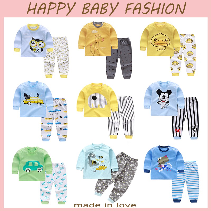 【Happy Baby】0-2Tahun Setelan Piyama Anak Bahan Kaos Lengan + Celana Panjang Berkualitas  QT002