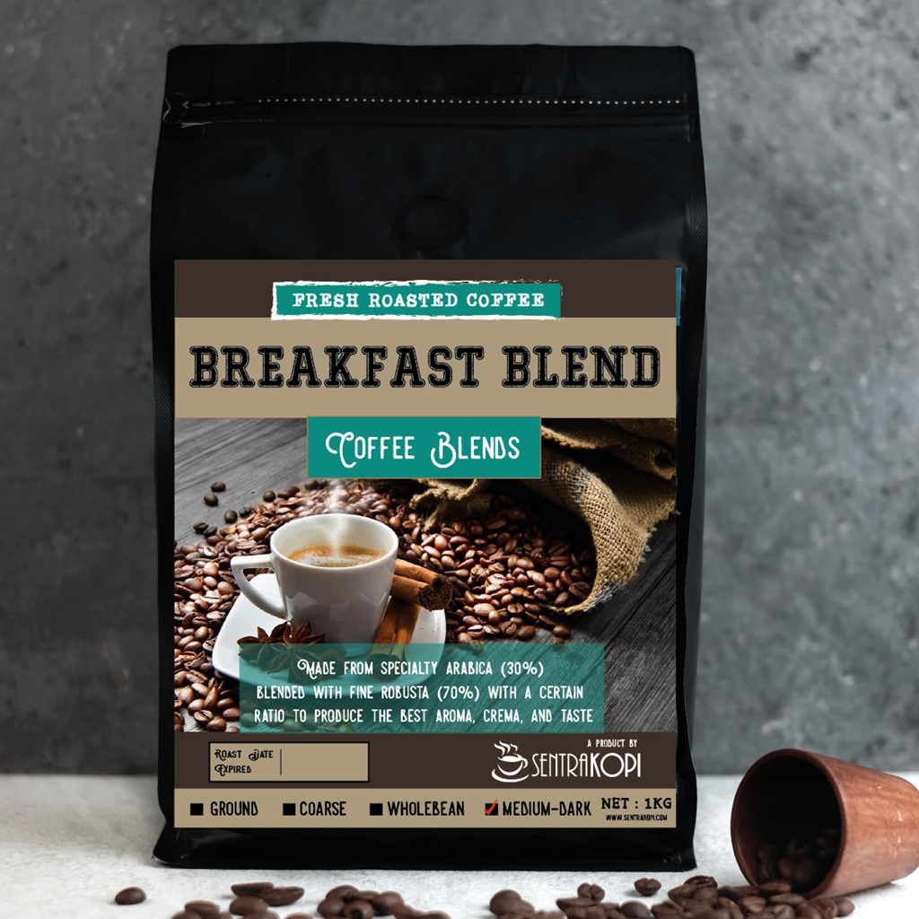 

Breakfast Blend Coffee 1KG - Bubuk/Biji - Sentra Kopi - Arabika Robusta Blend Arabica 1 KG