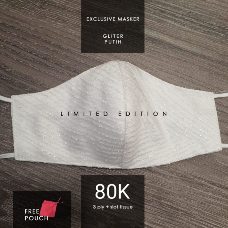 GLITER PUTIH..Masker Kain Brukat Premium 3ply..Masker Fashion/Pesta/Wedding