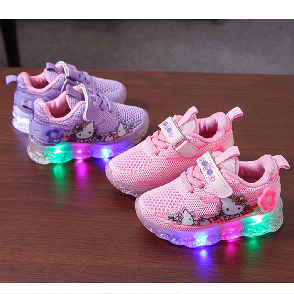 Sepatu Sneakers Anak LED Perempuan Motif Hello Kity Lucu Import