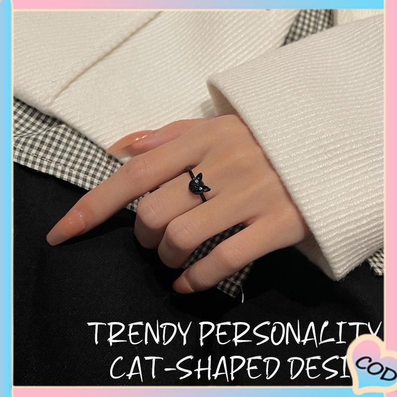 COD❤️ Cincin Kucing Hitam Wanita Trendi Desain Niche Cincin Jari Telunjuk Fashion Kepribadian Cincin-A.one