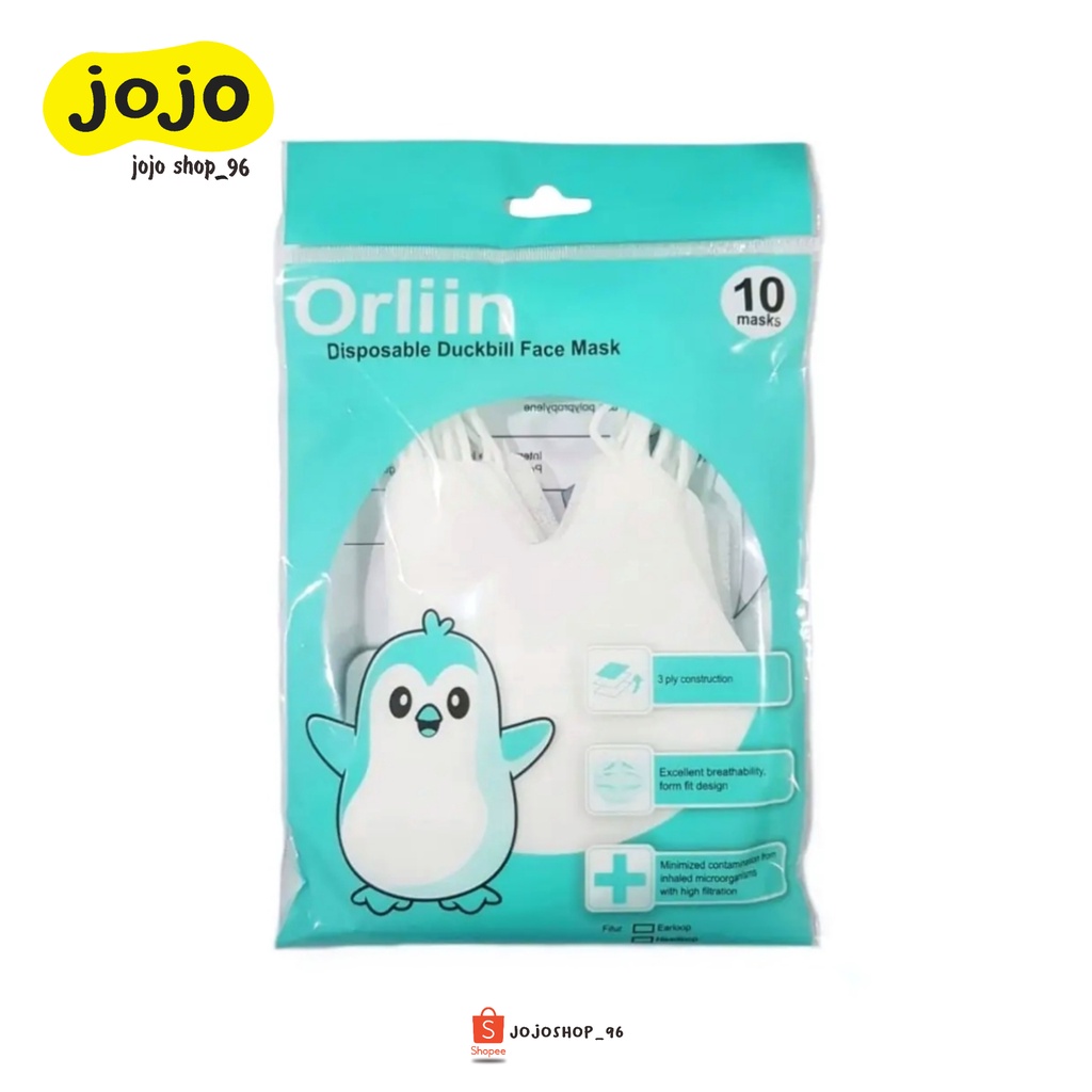 Masker Duckbill ORLIIN 3-Ply Earloop Disposable Face Mask Putih Emboss Ijin Kemenkes (10pcs)