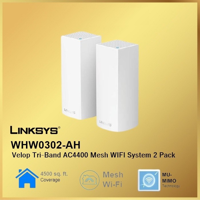 Linksys VELOP WHW0302-AH AC4400 Whole Home Mesh Wi-Fi WHW03002 Pack 2