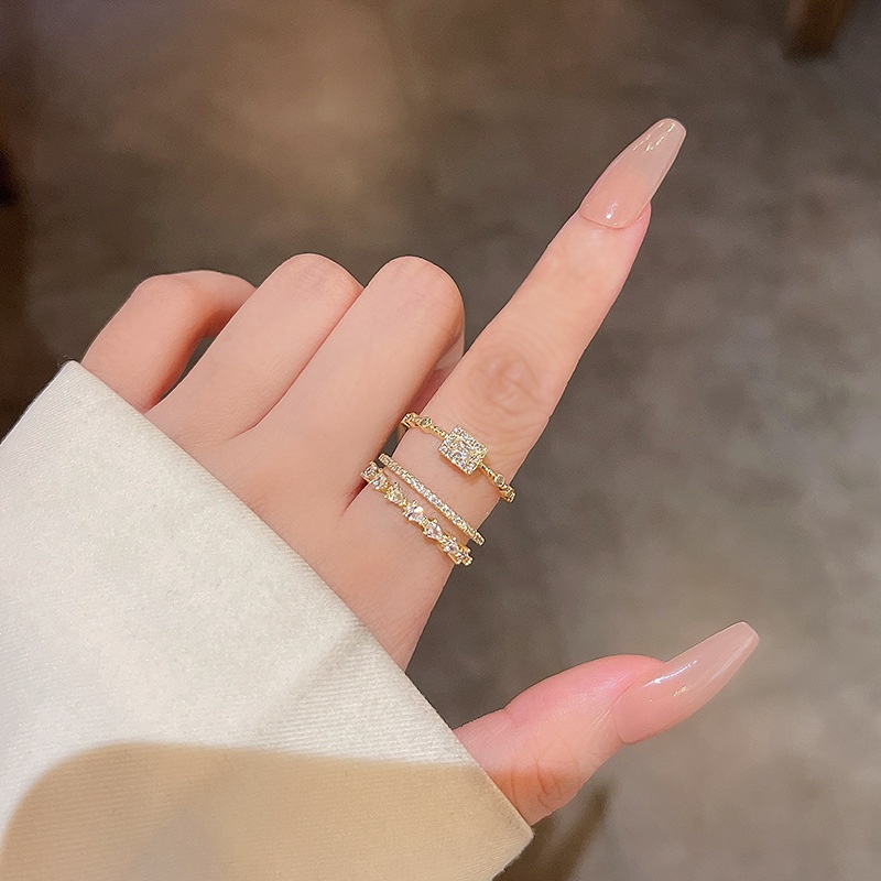 Set Cincin Jari Telunjuk Adjustable Hias Zirkon Untuk Wanita